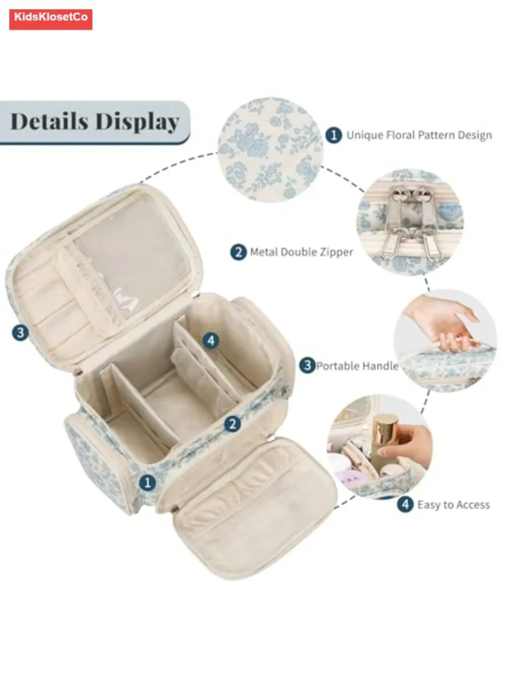 Large Quilted Makeup Bag Organizer with Brush Compartments and Dividers, Cotton